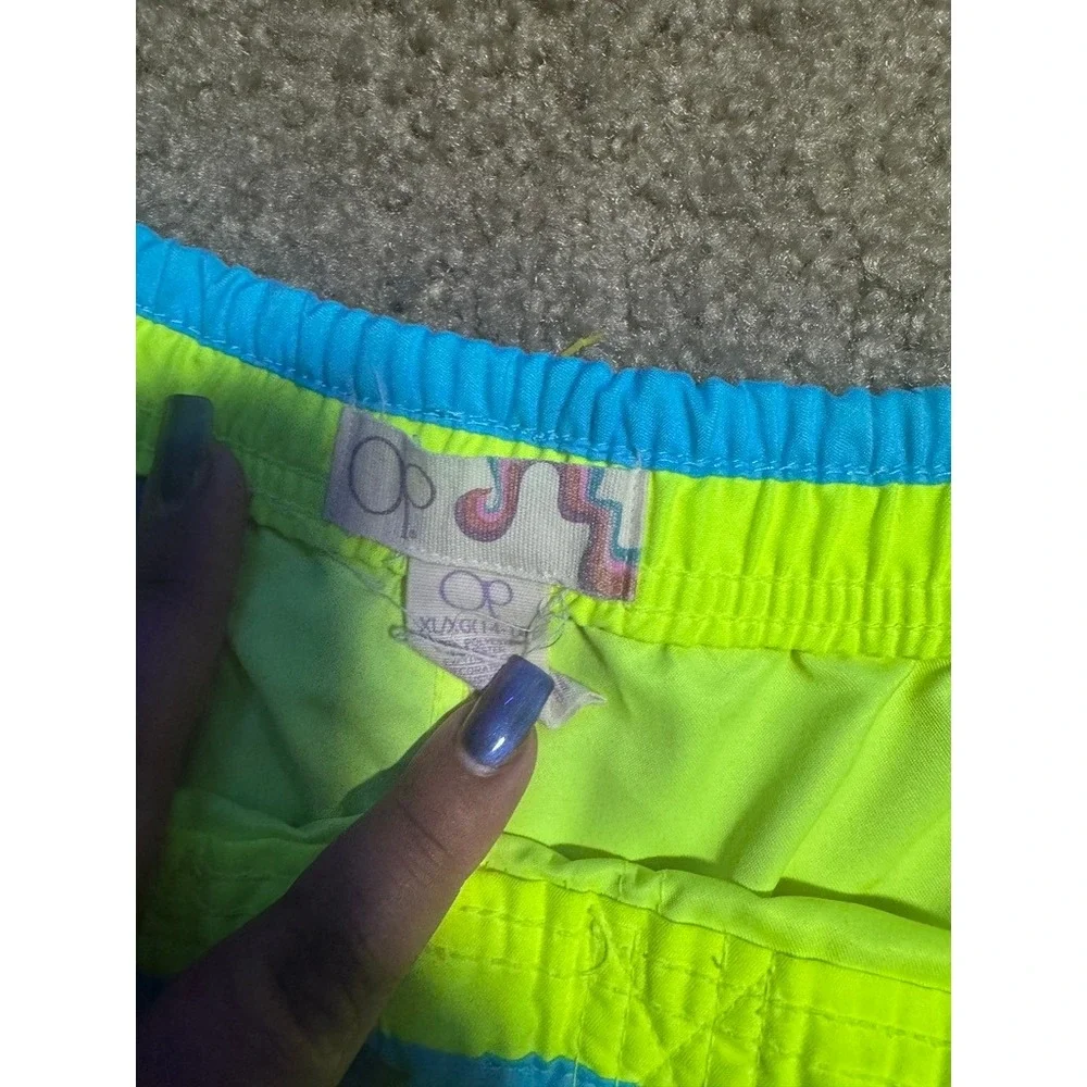 OP Ocean Pacific Kids Neon Yellow Blue Board‎ Shorts Swim Trunks Size M Y2K